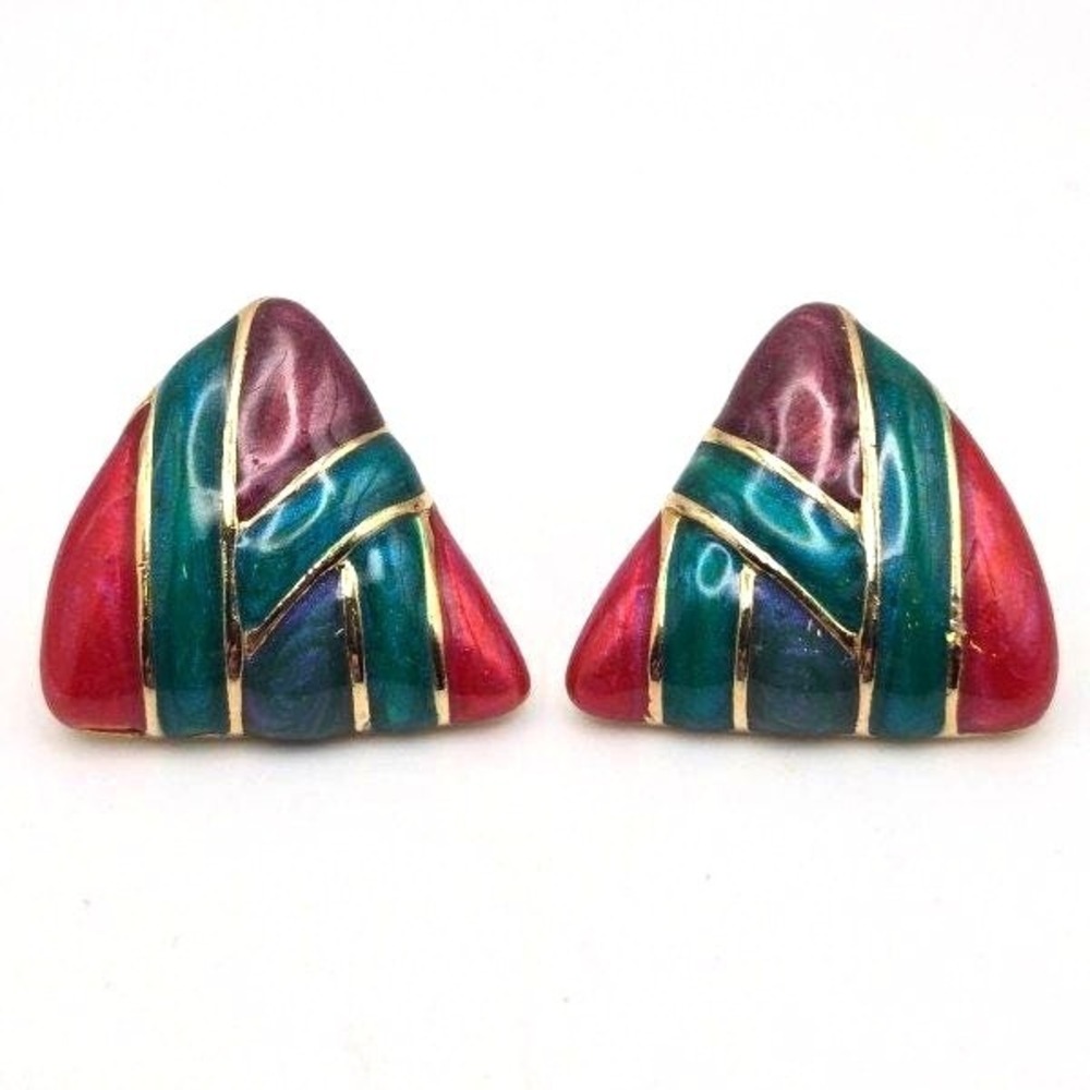 Vintage Classic 80s Goldtoneβ Colorful Enameled Triangular Post Earrings